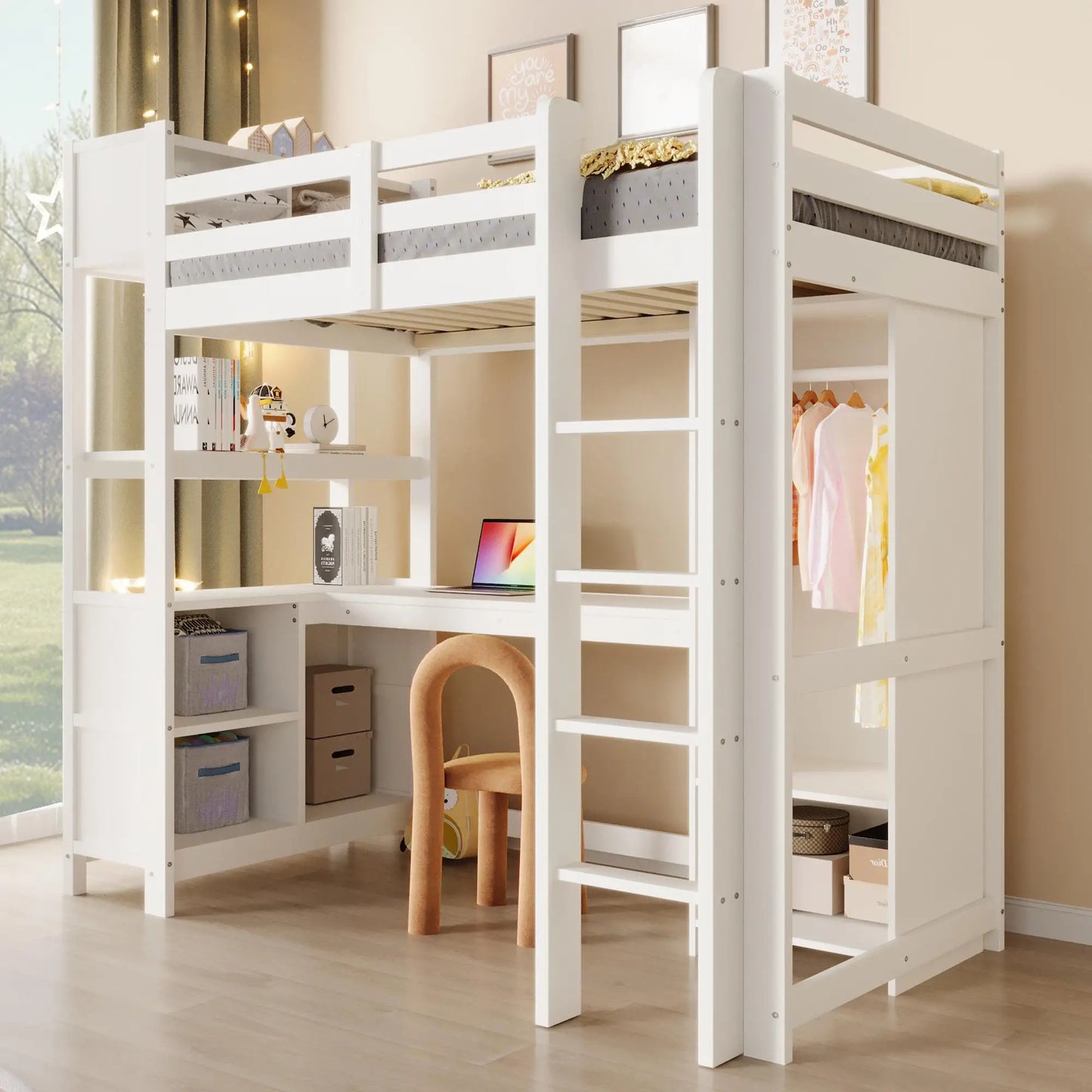 🛏️ CAMA ALTA INFANTIL 90x200 CM CON ESCRITORIO, ARMARIO Y ESTANTERÍAS – BLANCO O COLOR NATURAL