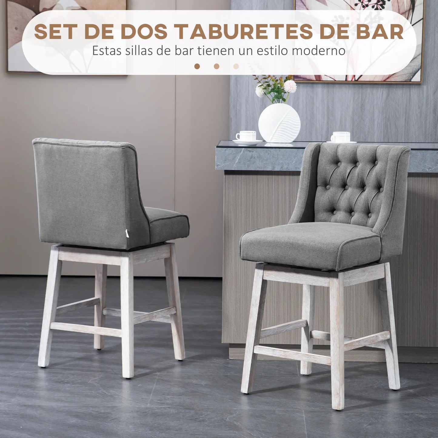 🪑 Juego de 2 Taburetes de Bar con Respaldo Giratorio 180° – Tapizados en Tela Gris con Patas de Madera de Caucho