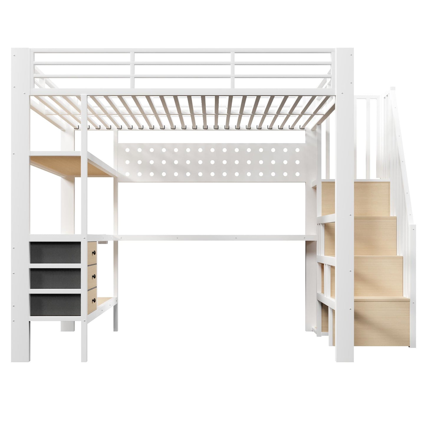 🎮 CAMA ALTA GAMER 140 × 200 CM CON ESCRITORIO, LED, ESTANTERÍAS Y 3 CAJONES | BLANCA | JAM MUEBLES