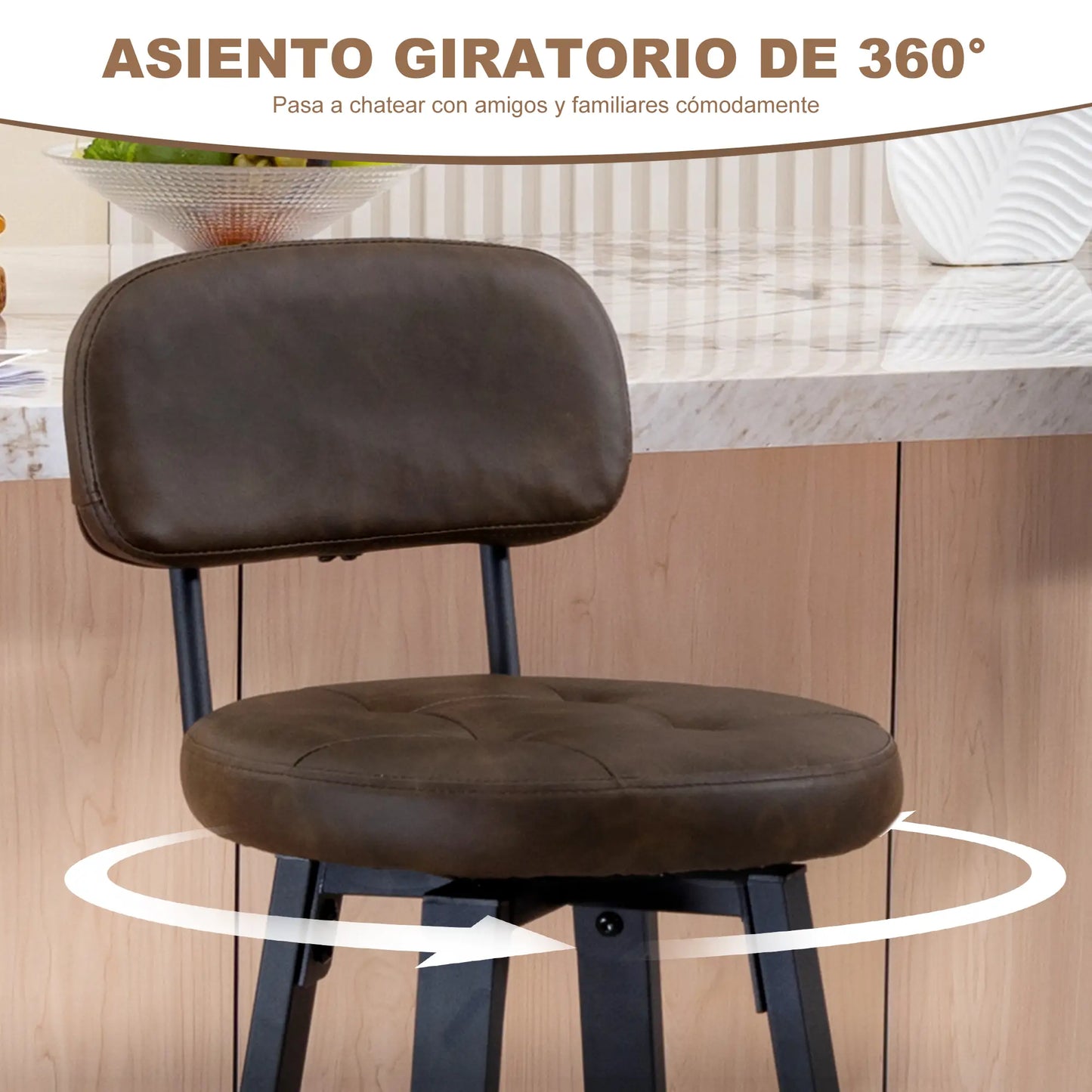 🪑 Juego de 2 Taburetes Altos de Cocina Giratorios Tapizados en PU Marrón Oscuro – Con Respaldo, Reposapiés y Estructura Metálica