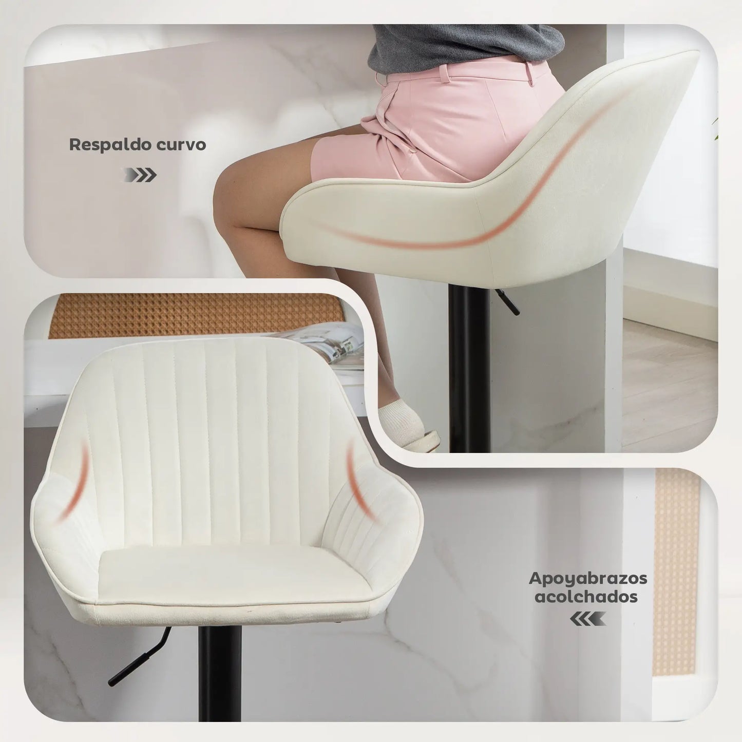 🪑 Juego de 2 Taburetes de Bar Giratorios en Terciopelo Crema – Altura Regulable, Respaldo, Reposabrazos y Reposapiés