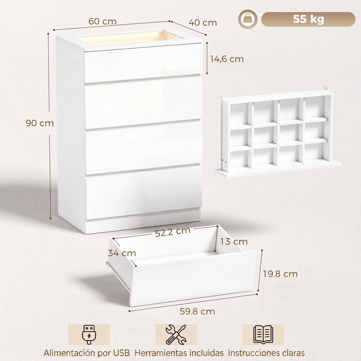 💎 CÓMODA JEWEL LED 4C – BLANCA CON JOYERO, ENCIMERA DE CRISTAL Y LED RGB