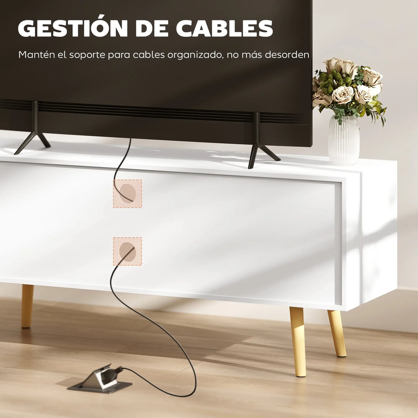 📺 MUEBLE TV “NORDIC 120” – 2 ARMARIOS + 2 ESTANTES · BLANCO Y MADERA · HASTA 55"