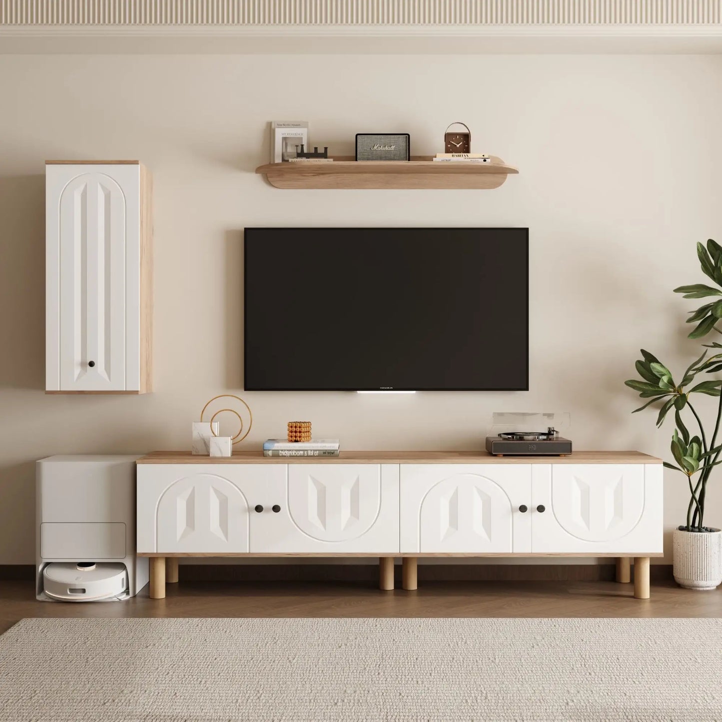 🏠 COMPOSICIÓN DE SALÓN “NATURA 3” – MUEBLE TV 170 CM + MUEBLE ALTO + ESTANTE DE PARED · BLANCO Y MADERA NATURAL