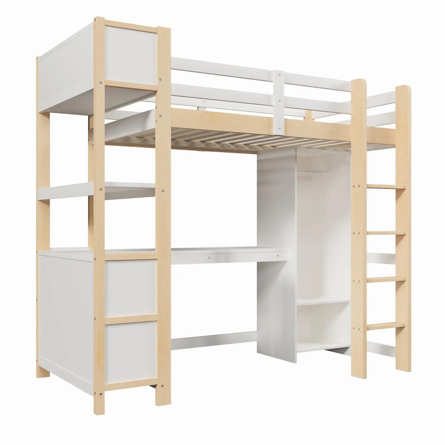 🛏️ CAMA ALTA INFANTIL 90x200 CM CON ESCRITORIO, ARMARIO Y ESTANTERÍAS – BLANCO O COLOR NATURAL