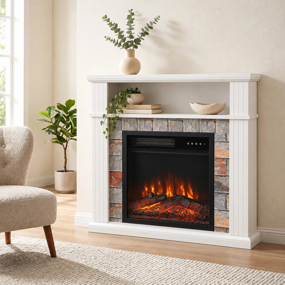 🔥 CHIMENEA ELÉCTRICA WHITE ELEGANCE 88 – BLANCA CON REPISA, EFECTO LLAMA Y CALEFACCIÓN DE 1800 W
