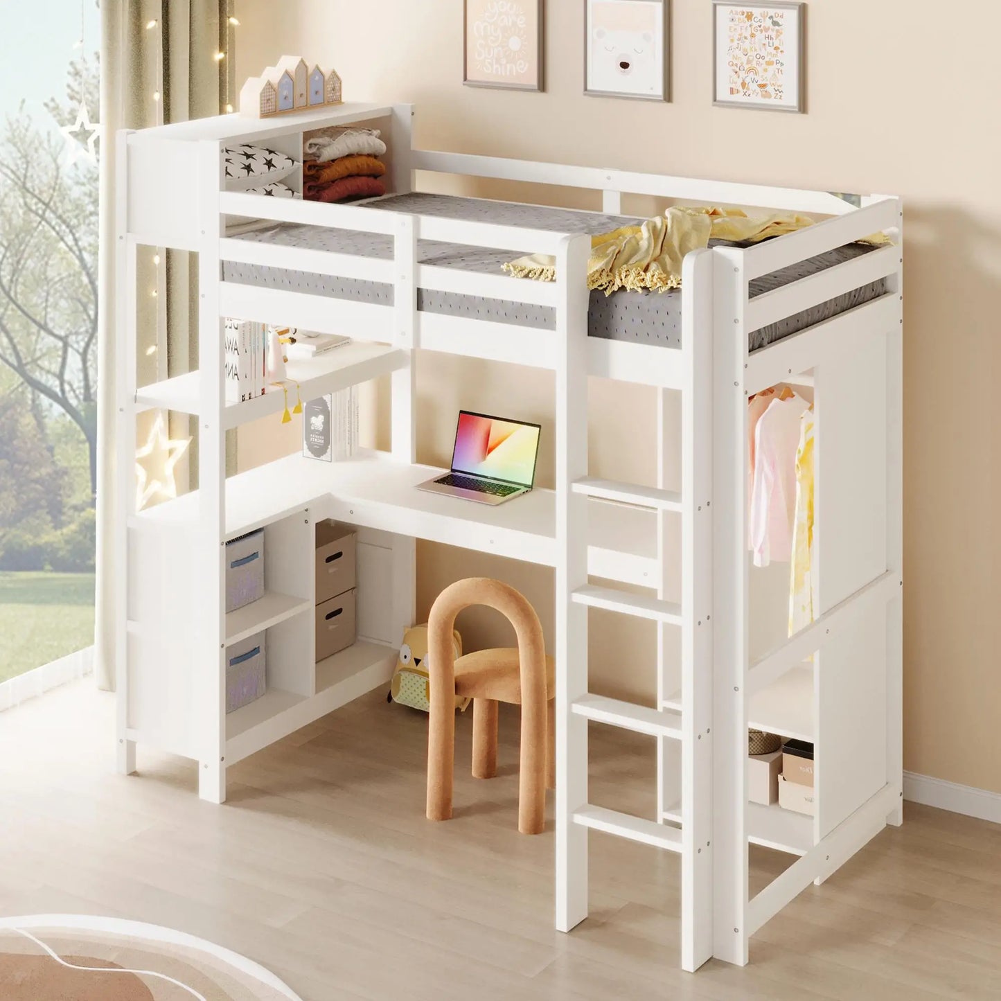 🛏️ CAMA ALTA INFANTIL 90x200 CM CON ESCRITORIO, ARMARIO Y ESTANTERÍAS – BLANCO O COLOR NATURAL