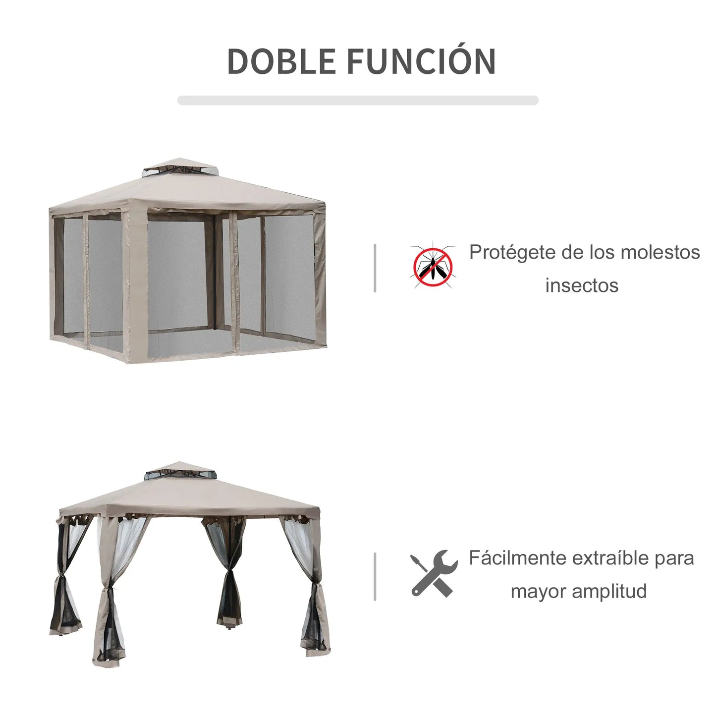 🌿 CENADOR DE JARDÍN “BRAVENTO” 3x3m – DOBLE TECHO Y MOSQUITERAS COMPLETAS