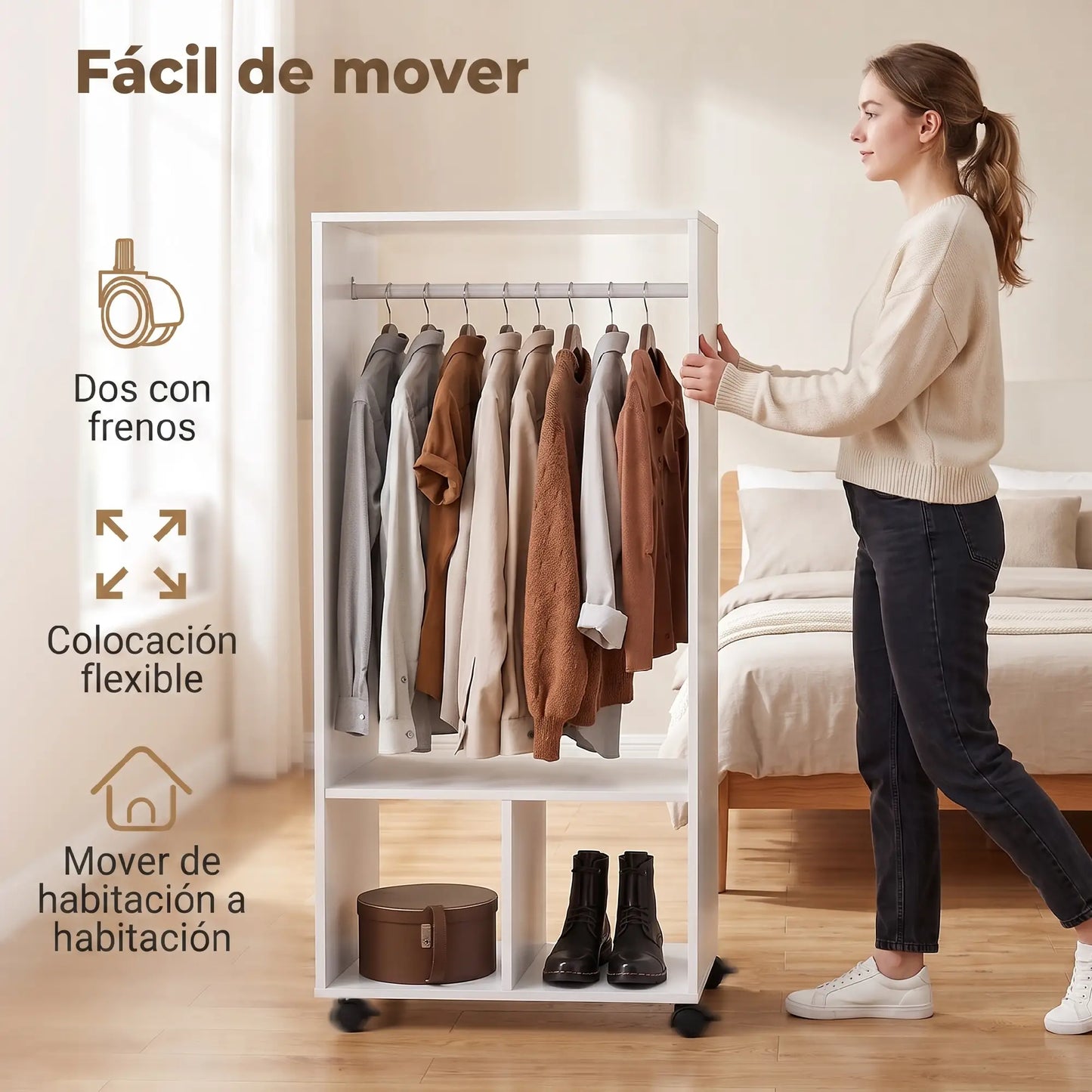👕 ARMARIO ABIERTO CON RUEDAS 60 CM – BARRA PARA COLGAR Y ESTANTES – BLANCO Y ROBLE NATURAL