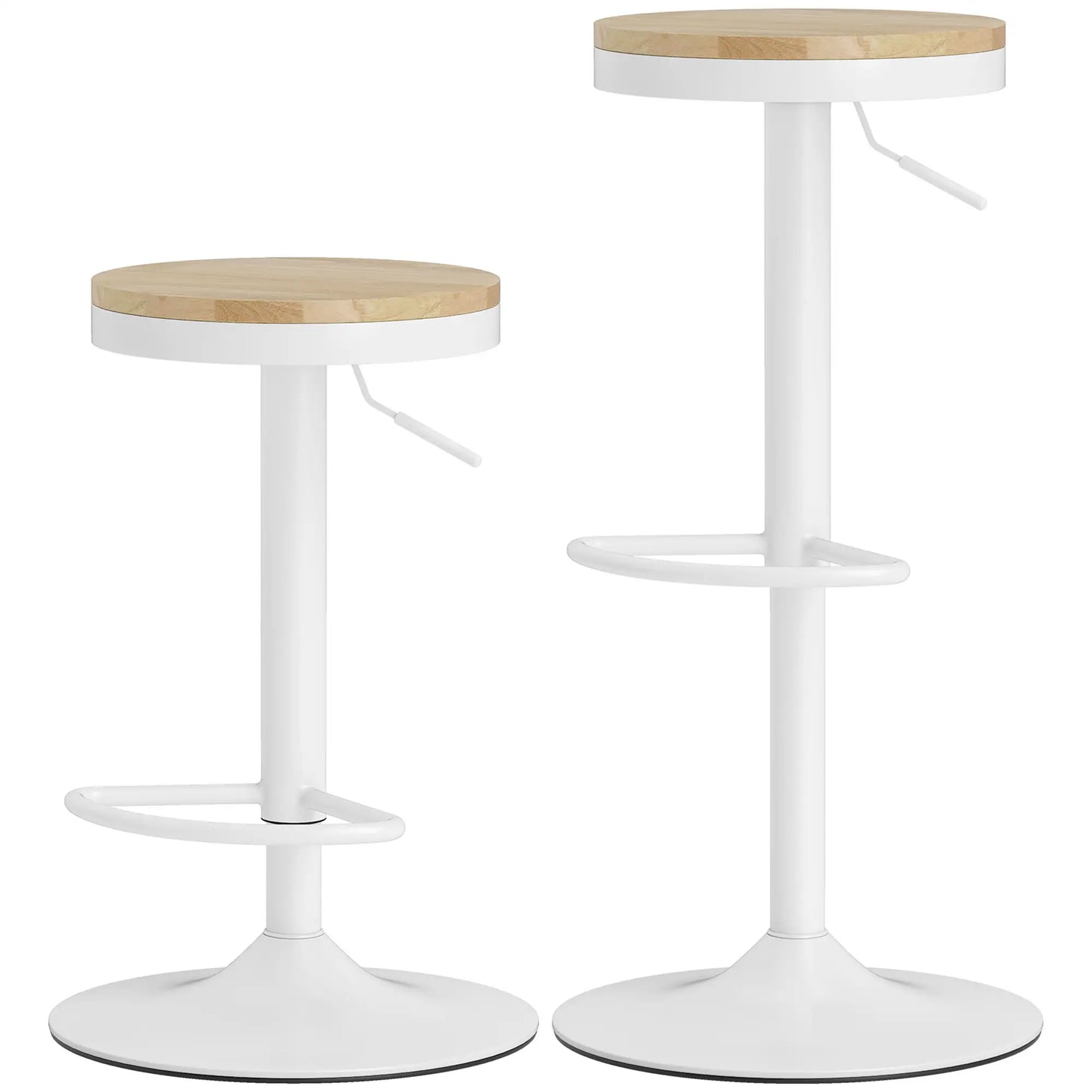 🪑 Juego de 2 Taburetes Altos de Cocina Regulables con Asiento de Madera Natural – Giratorios 360° con Base de Acero Blanca