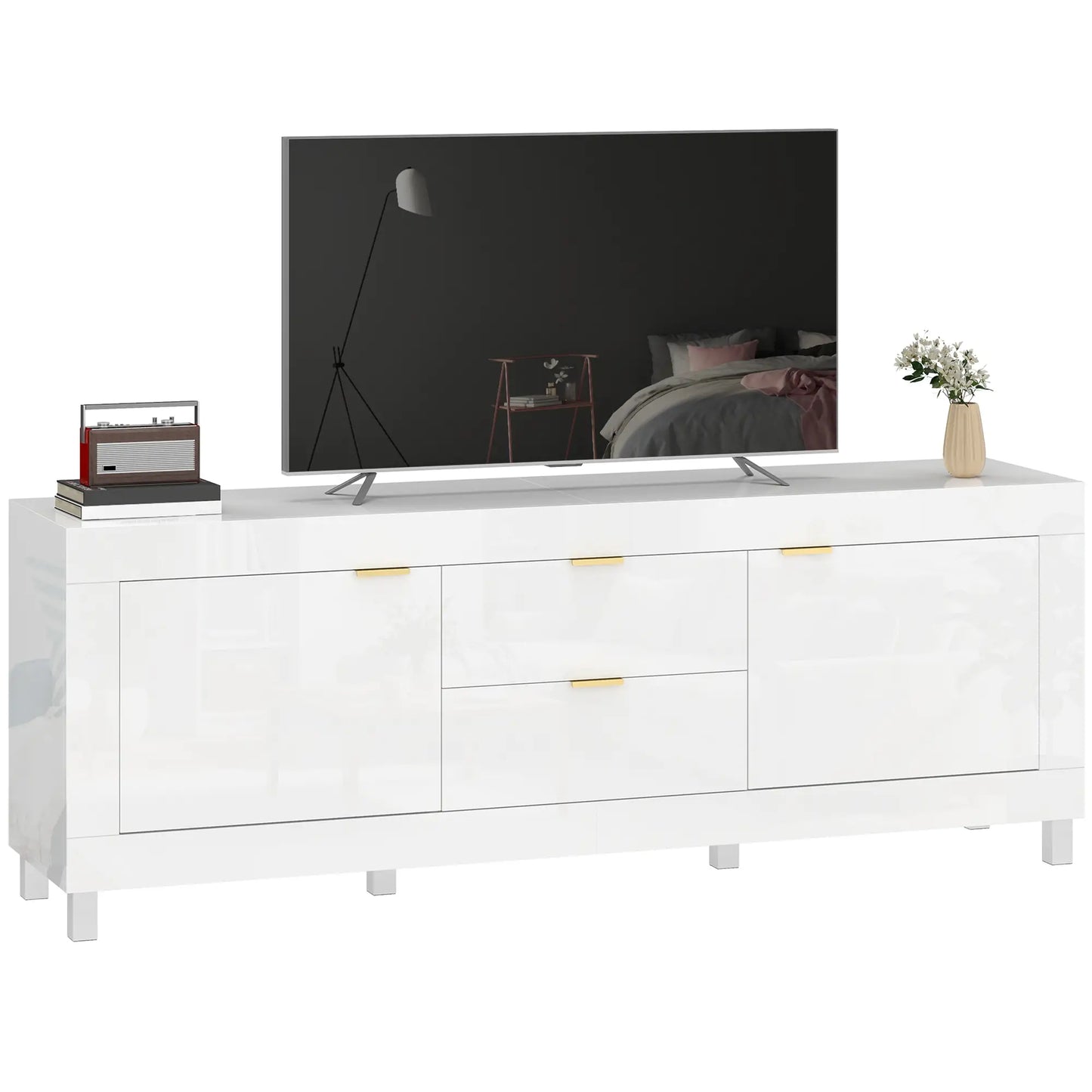 📺 MUEBLE TV “GLOSSY 180” – BLANCO ALTO BRILLO · 2 ARMARIOS + 2 CAJONES · PARA TV HASTA 75"