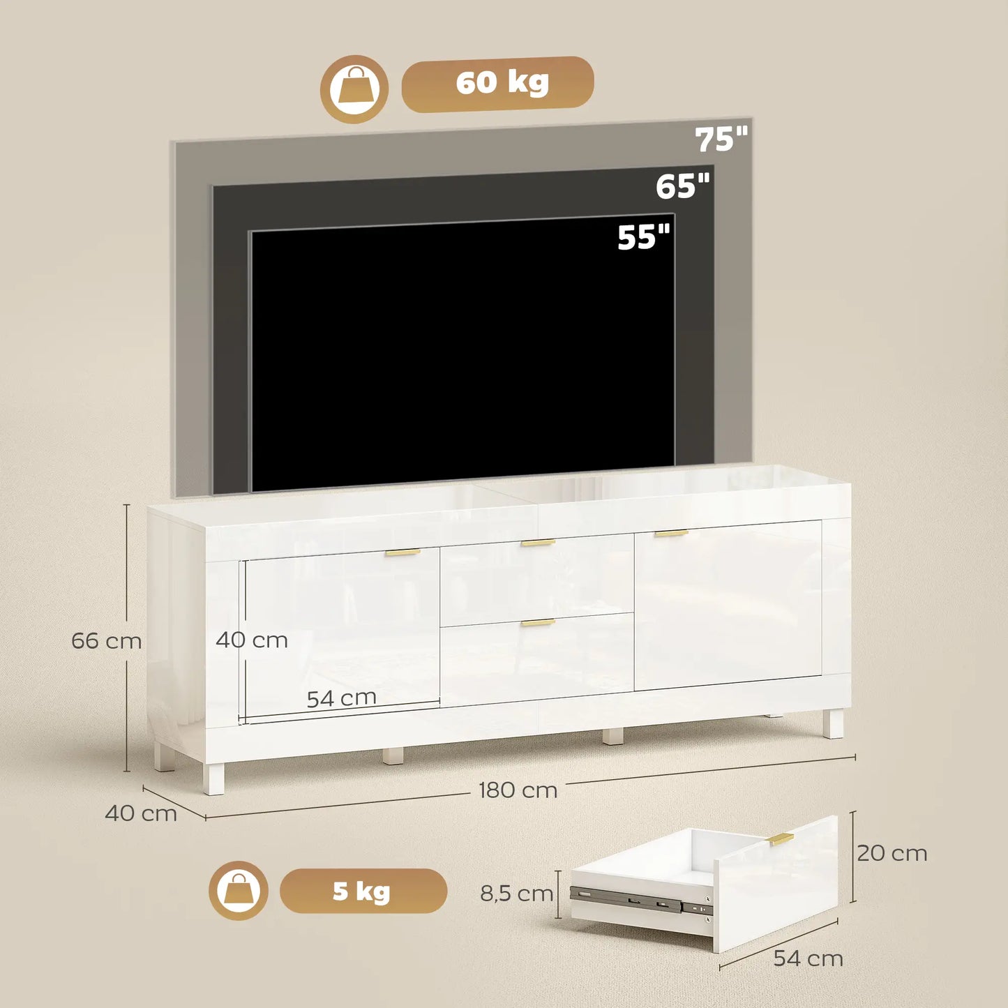 📺 MUEBLE TV “GLOSSY 180” – BLANCO ALTO BRILLO · 2 ARMARIOS + 2 CAJONES · PARA TV HASTA 75"