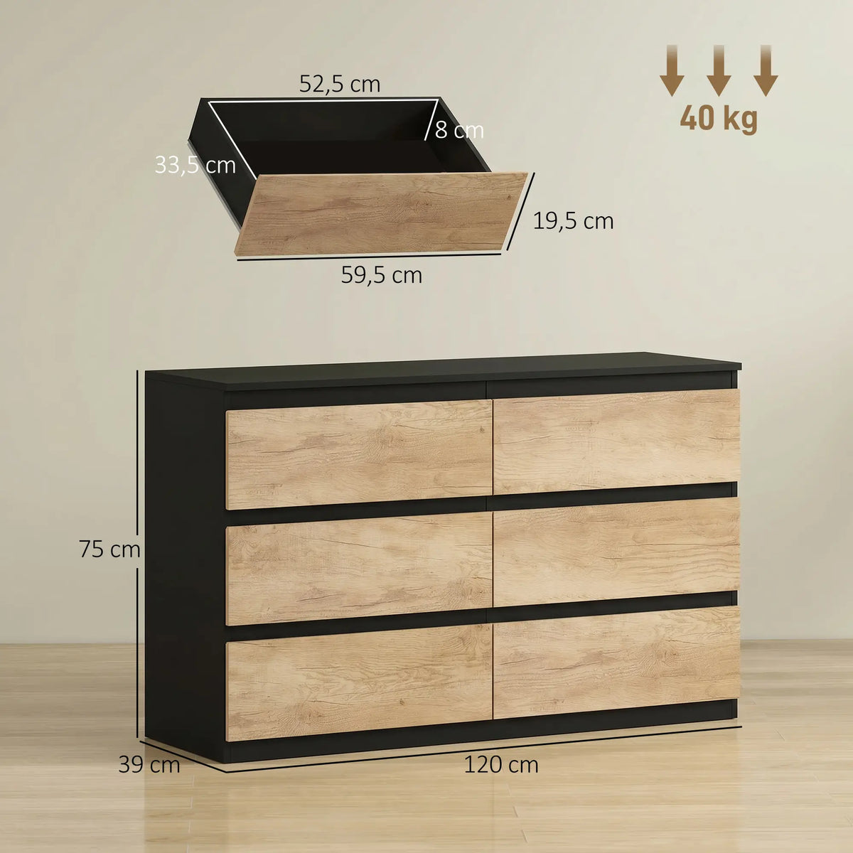 🖤 CÓMODA OAK BLACK 6C – 6 CAJONES NEGRO Y ROBLE SIN TIRADORES 120 CM