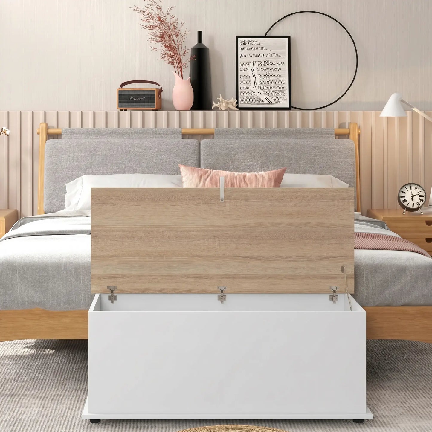 🧰 ARCÓN DE ALMACENAMIENTO 100 CM NATURAL Y BLANCO – BAÚL CON TAPA Y BANCO HASTA 120 KG