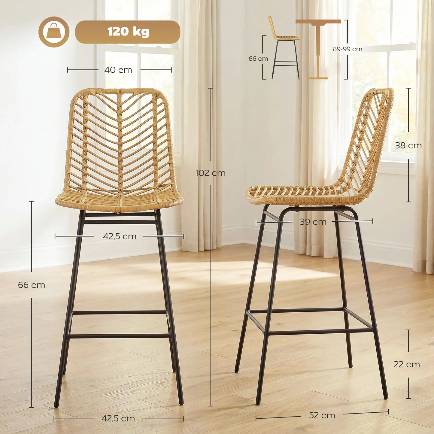 🪑 Juego de 2 Taburetes Altos de Cocina con Asiento de Ratán Sintético – Estilo Boho con Patas de Acero Negro