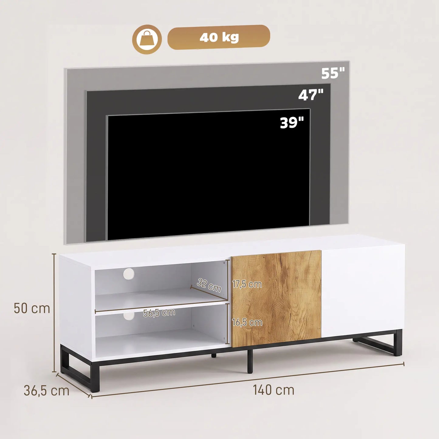📺 Mueble TV Moderno Blanco y Roble hasta 140 cm | Estantes Ajustables | JAM MUEBLES