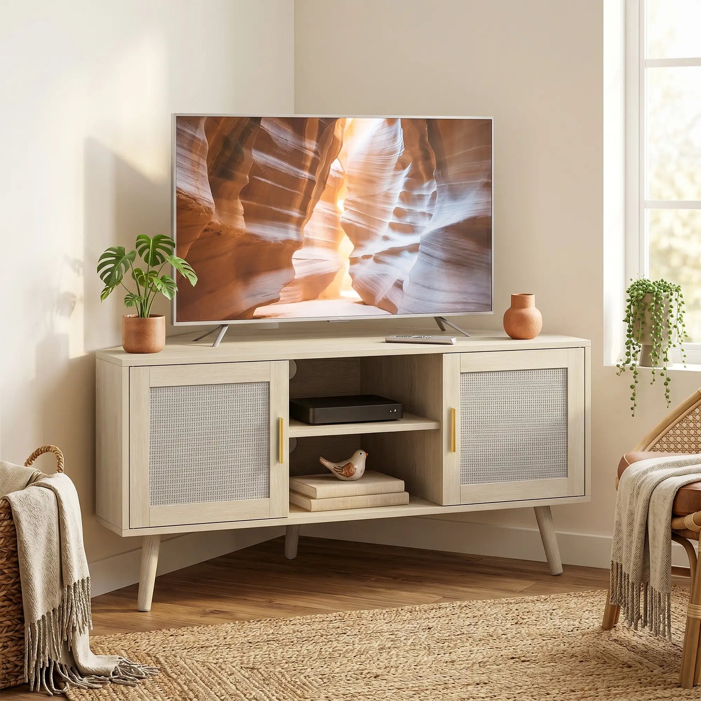 📺 MUEBLE TV DE ESQUINA “RATTAN CORNER 115” – ROBLE + RATÁN · 2 ARMARIOS + 2 ESTANTES · HASTA 65"