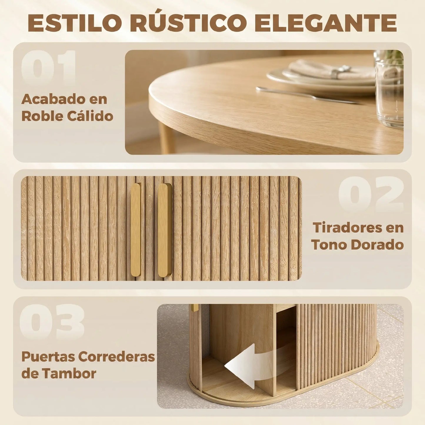 🍽️ MESA DE COMEDOR OVALADA ROBLE 140 CM – CON ALMACENAJE INTEGRADO Y ESTILO FARMHOUSE