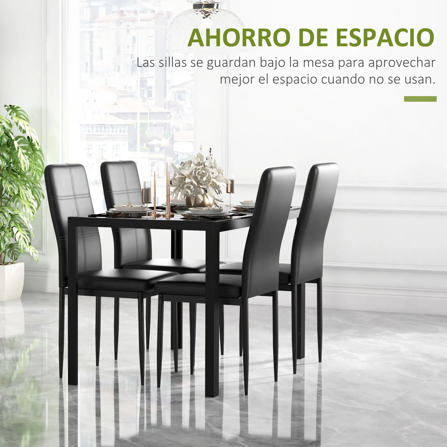 🖤 Conjunto de Comedor CRISTALIA 120 cm – Mesa Cristal + 4 Sillas