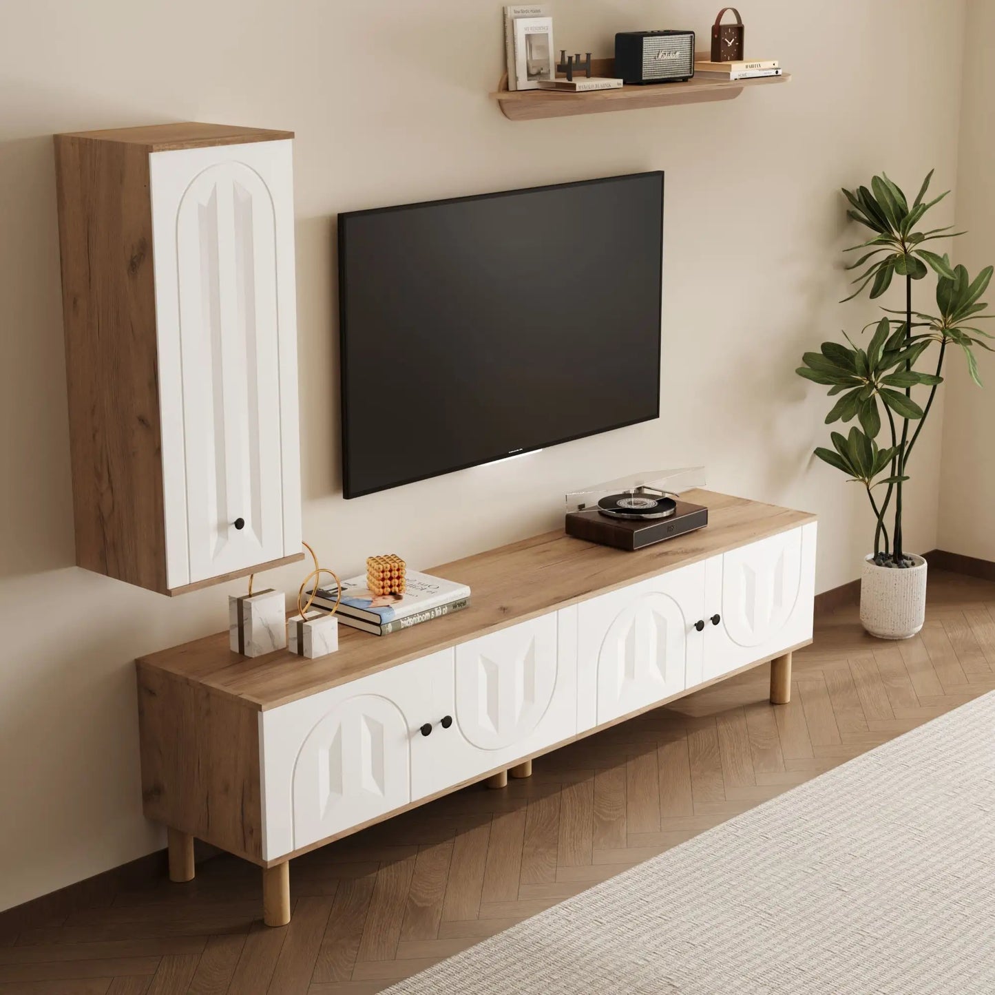 🏠 COMPOSICIÓN DE SALÓN “NATURA 3” – MUEBLE TV 170 CM + MUEBLE ALTO + ESTANTE DE PARED · BLANCO Y MADERA NATURAL