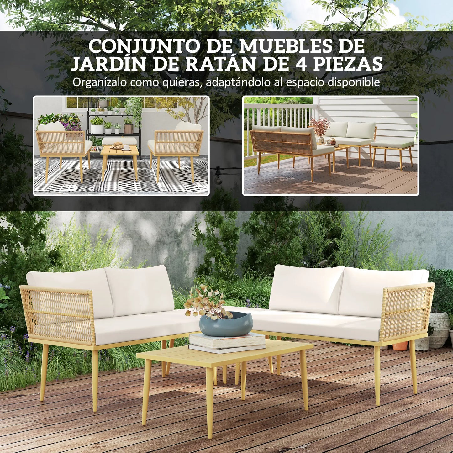 🌿 CONJUNTO DE JARDÍN MODULAR 5 PLAZAS BARATO “BOHORIA” – SOFÁ EN L + MESA RATÁN