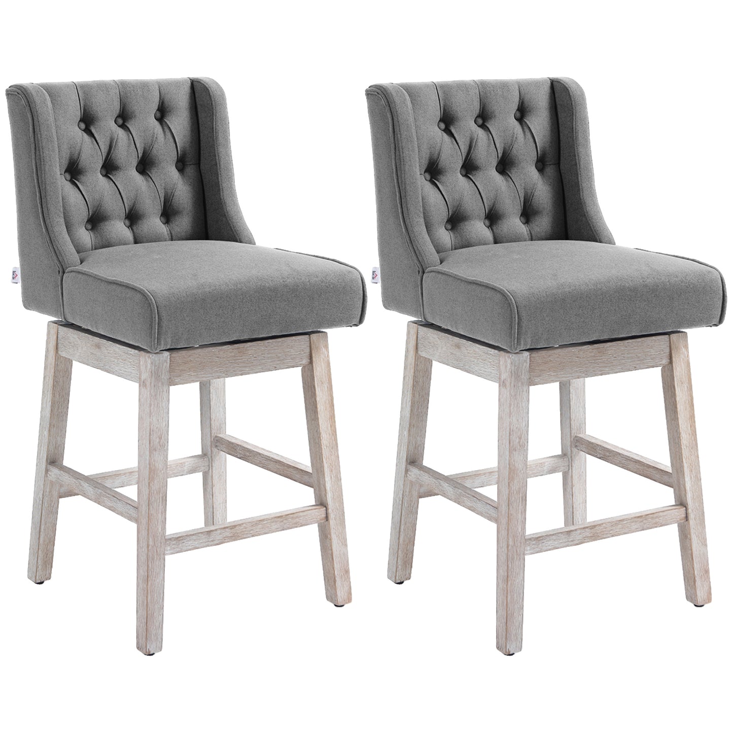 🪑 Juego de 2 Taburetes de Bar con Respaldo Giratorio 180° – Tapizados en Tela Gris con Patas de Madera de Caucho