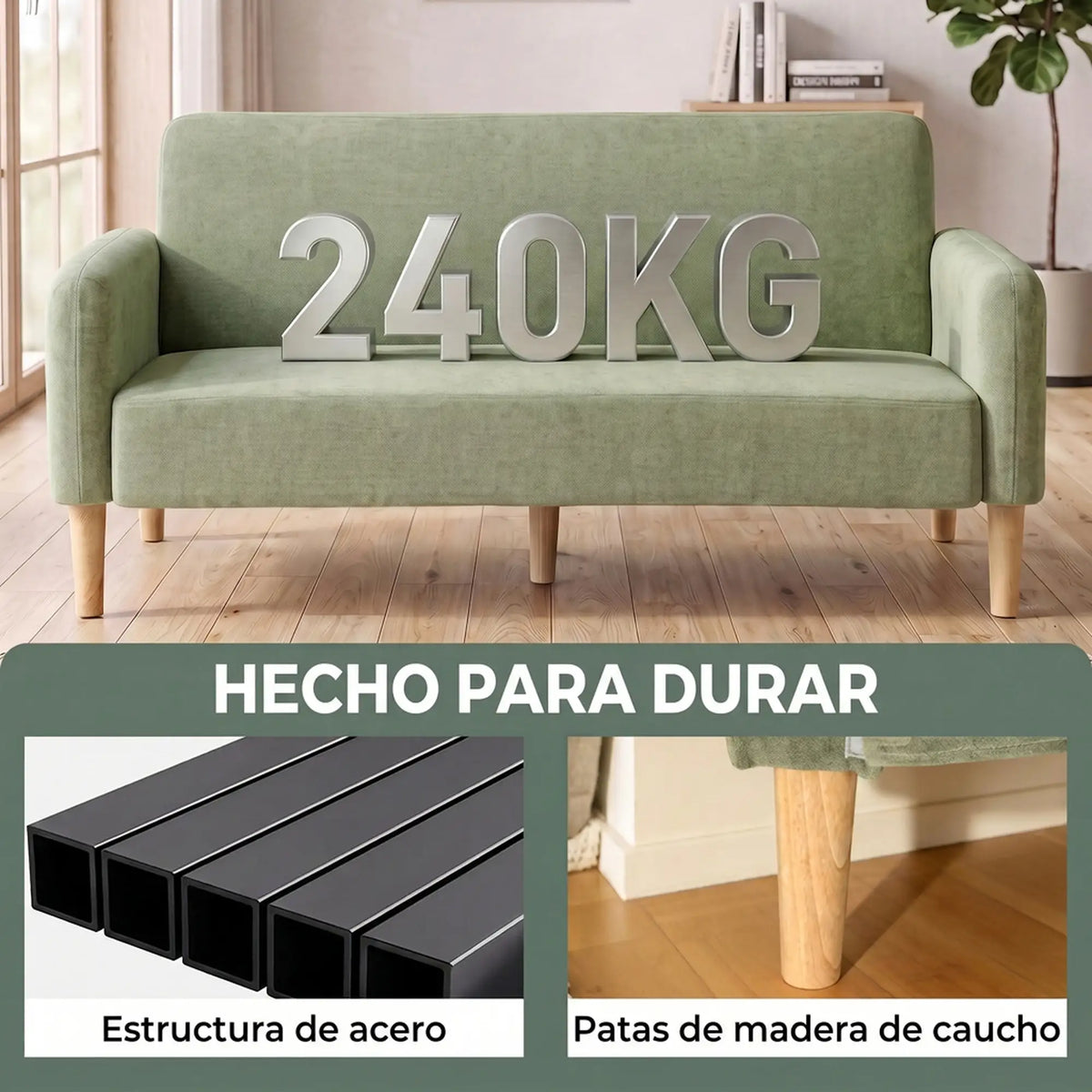 💚 SOFÁ VELVET GREEN 2 PLAZAS – TERCIOPELO VERDE CON ASIENTO ACOLCHADO 160 CM