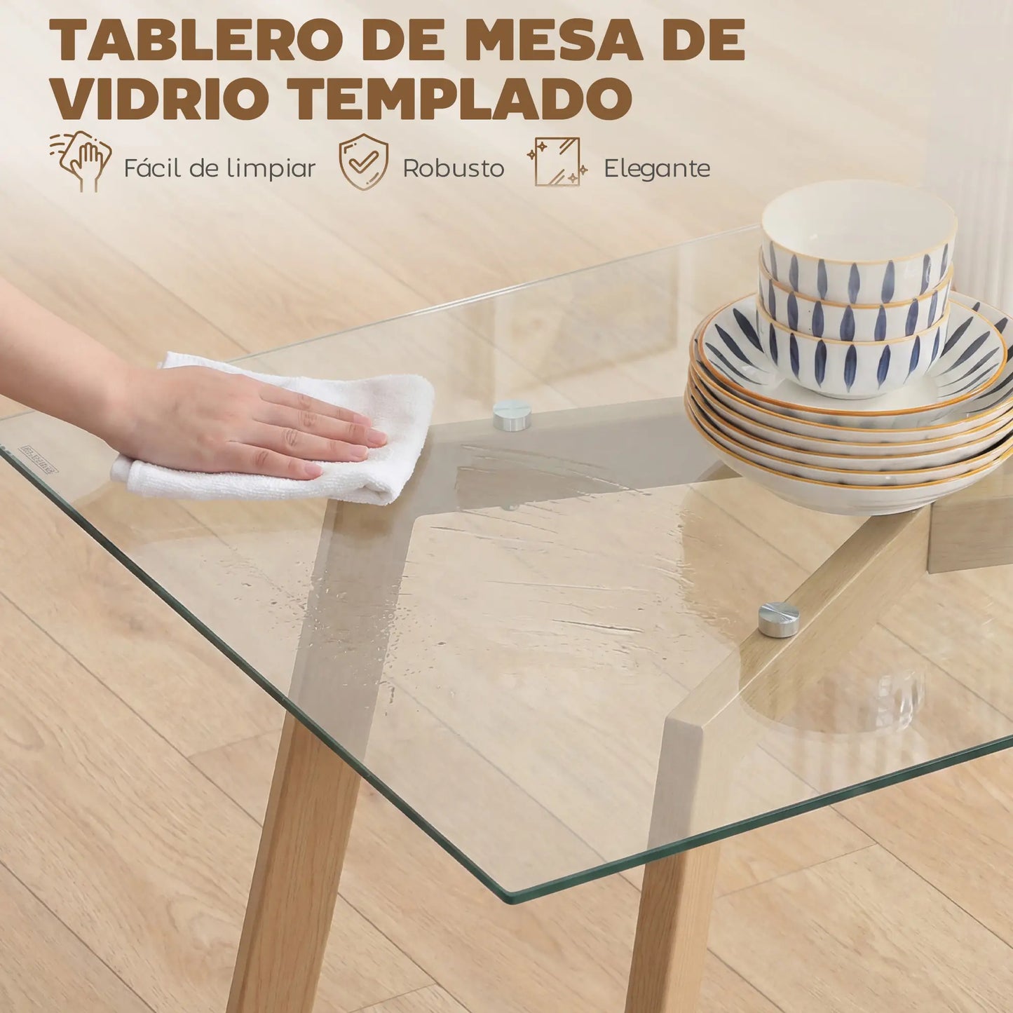 🍽️ Mesa de Comedor Rectangular de Cristal Templado para 6 Personas – 150 × 75 × 76 cm – Transparente / Madera Natural | JAM MUEBLES
