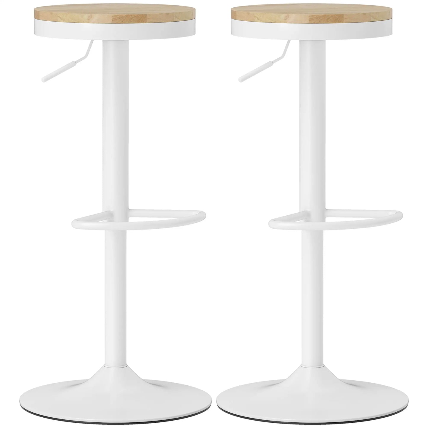 🪑 Juego de 2 Taburetes Altos de Cocina Regulables con Asiento de Madera Natural – Giratorios 360° con Base de Acero Blanca