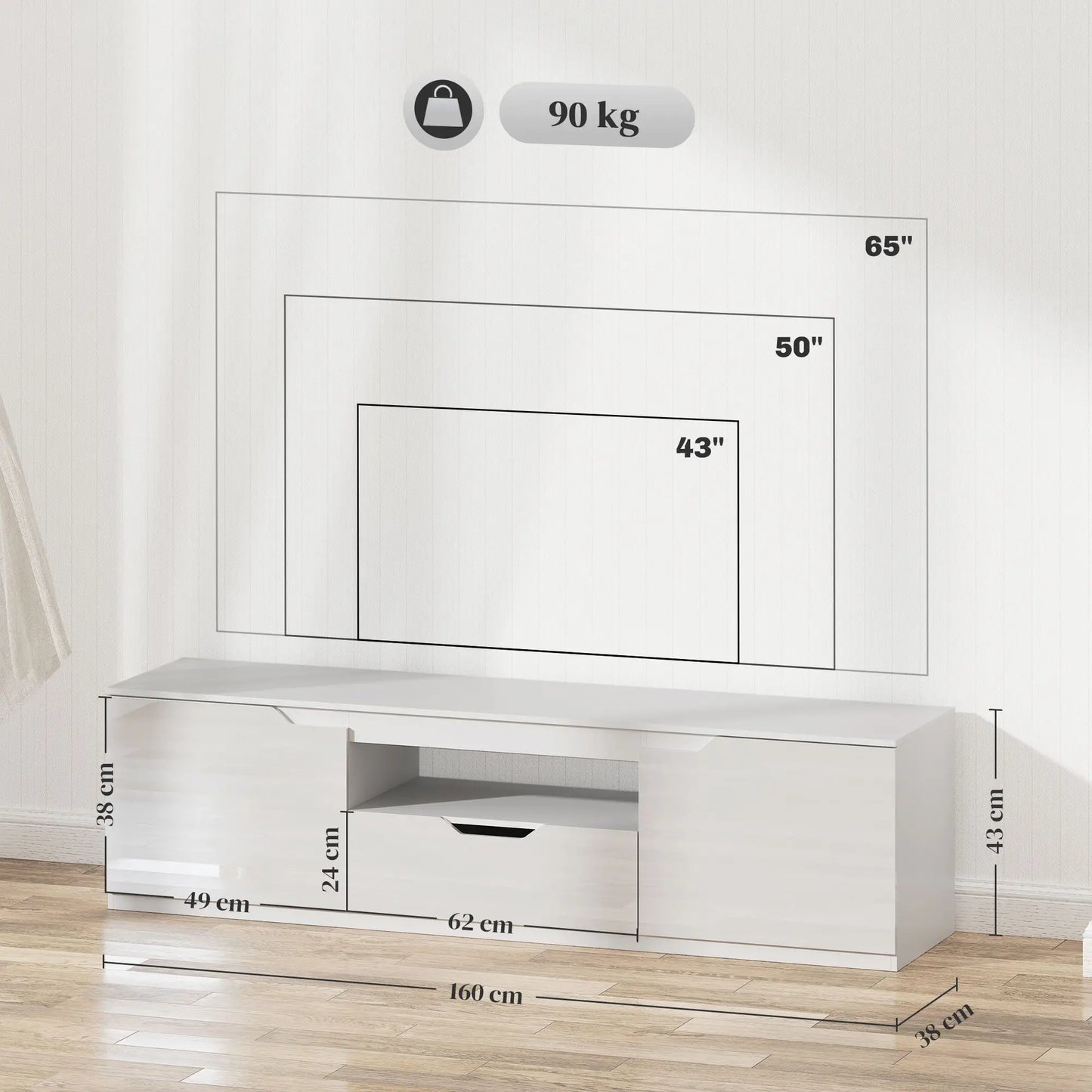 📺 MUEBLE TV “GLOSS 160” – ALTO BRILLO · 2 PUERTAS + CAJÓN + HUECO ABIERTO · HASTA 65"