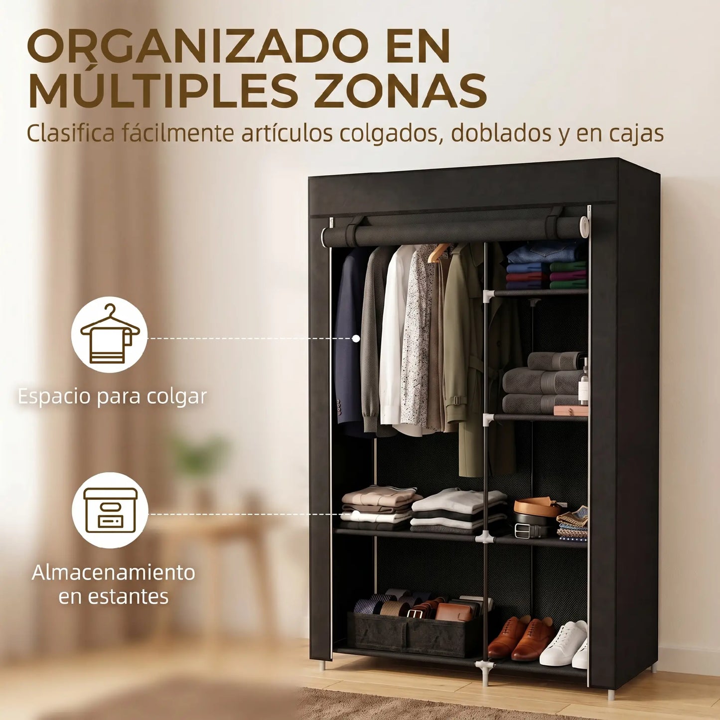 👕 ARMARIO DE TELA PLEGABLE 103 CM CON 6 ESTANTES Y BARRA PARA COLGAR – 5 COLORES