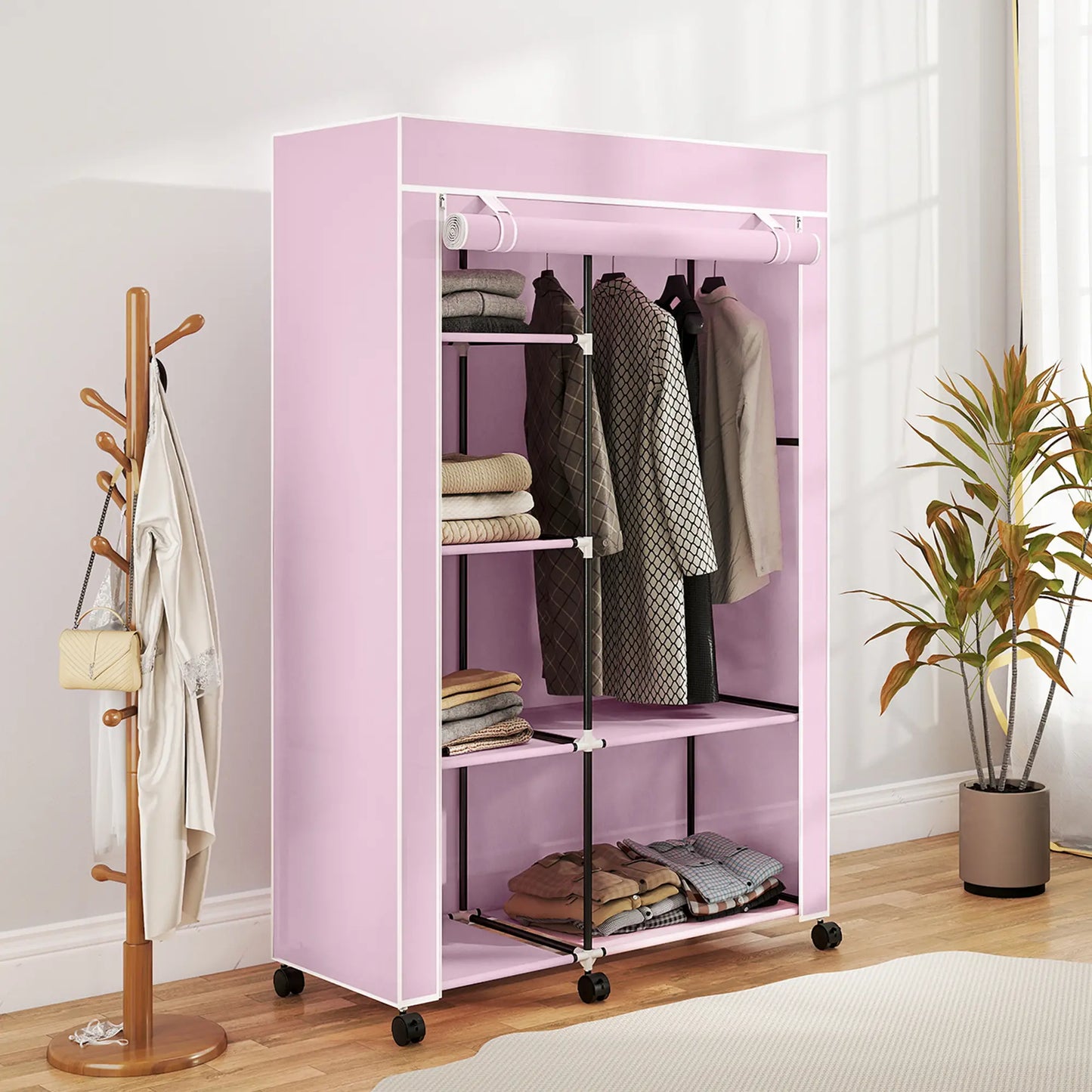 👕 ARMARIO DE TELA PLEGABLE 103 CM CON 6 ESTANTES Y BARRA PARA COLGAR – 5 COLORES