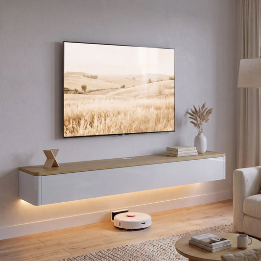 📺 MUEBLE TV SUSPENDIDO LUMINA 140 – BLANCO CON LED RGB, ENCHUFES Y 2 CAJONES