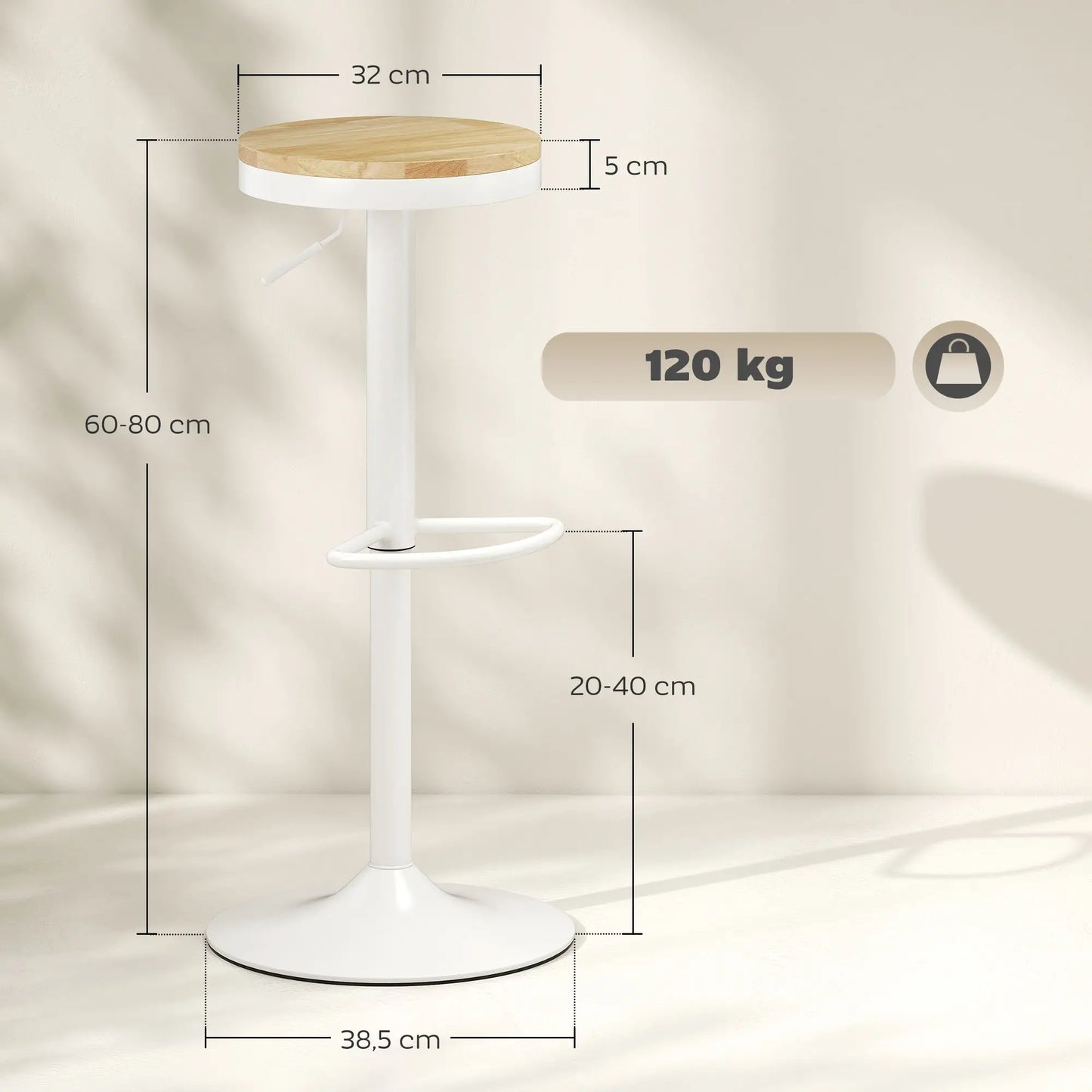 🪑 Juego de 2 Taburetes Altos de Cocina Regulables con Asiento de Madera Natural – Giratorios 360° con Base de Acero Blanca