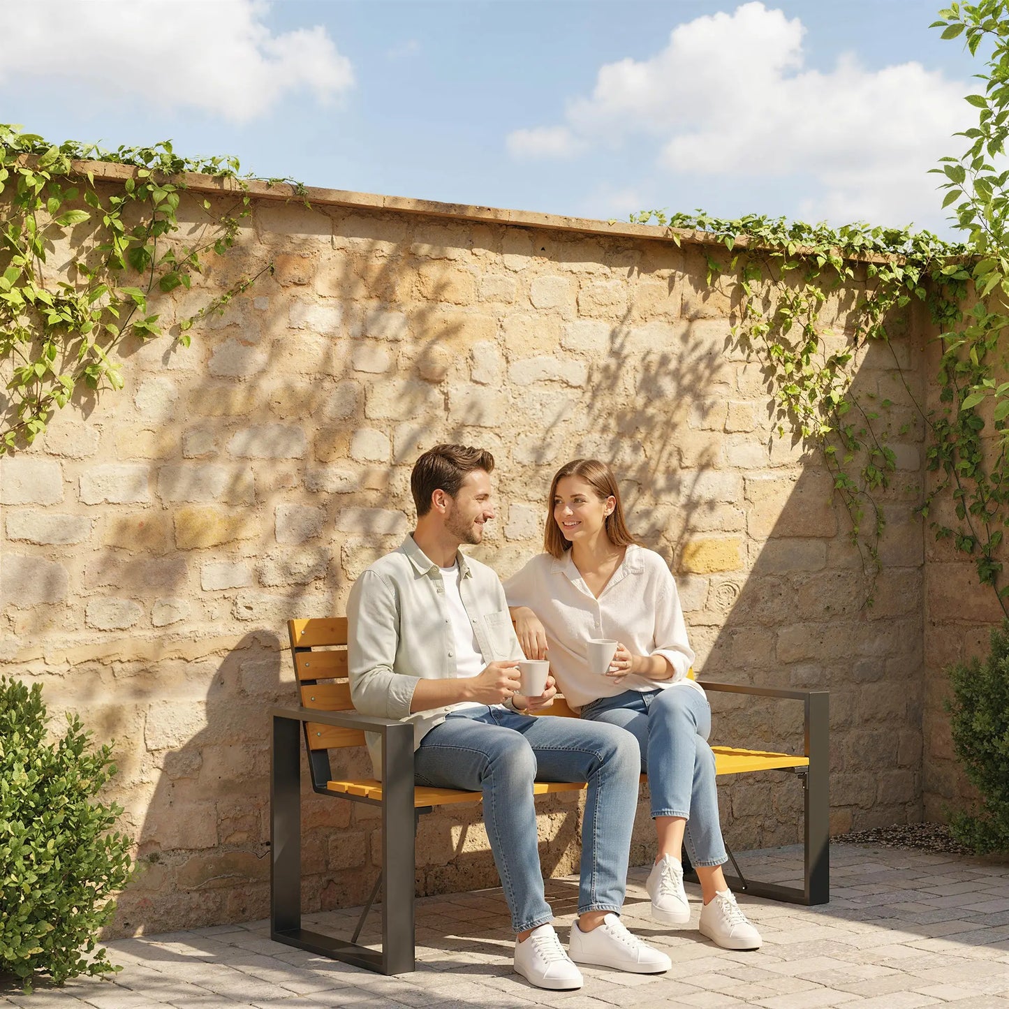 🌿 Banco de Jardín Modelo Timber Line 2 Plazas Madera Natural y Acero