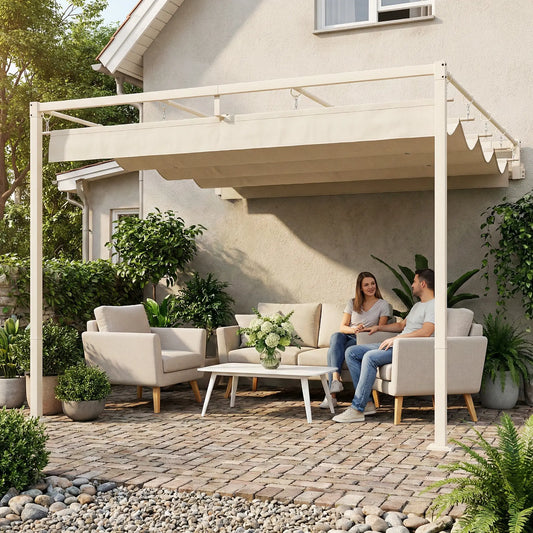 🌿 PÉRGOLA DE PARED “LUMINAIRE” 3x3m – TECHO RETRÁCTIL Y ESTILO ELEGANTE