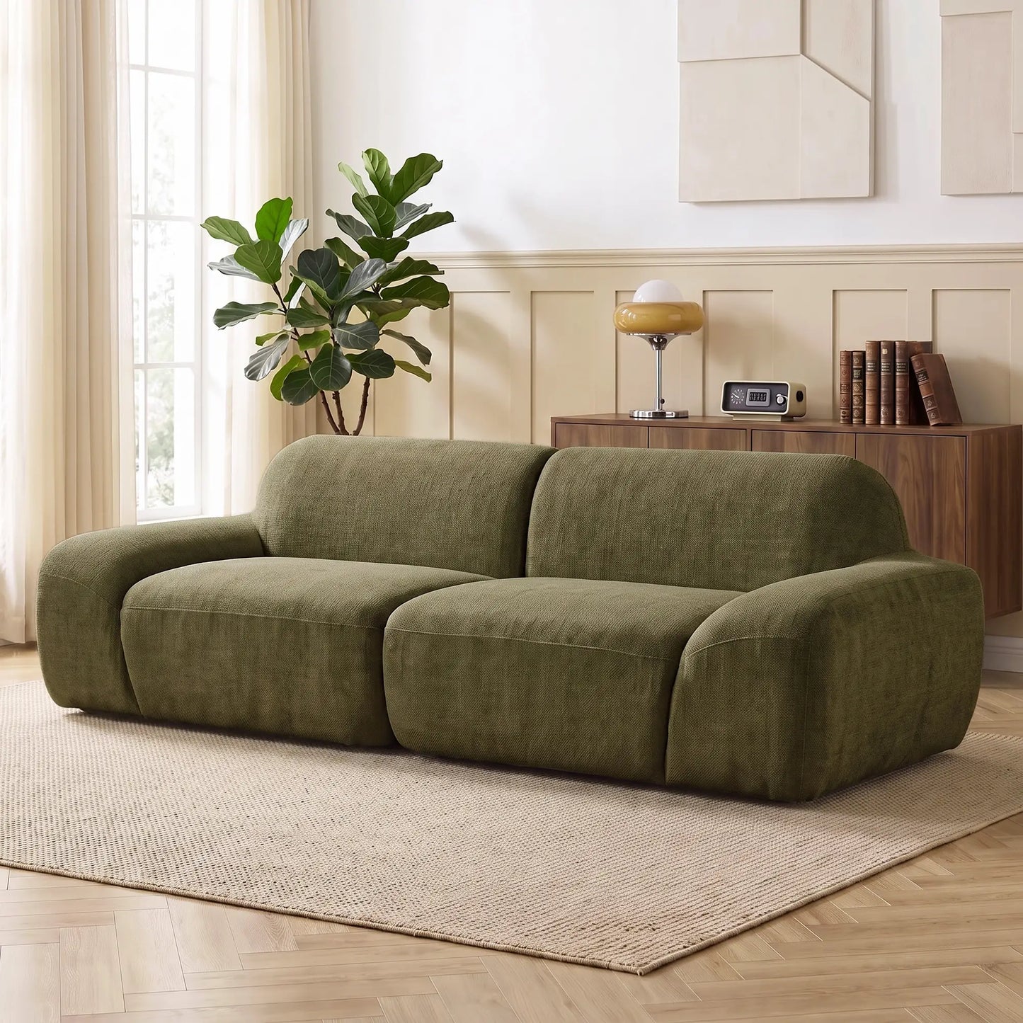🛋️ Sofá de 3 Plazas Redondeado en Chenilla – Verde Oscuro | JAM MUEBLES