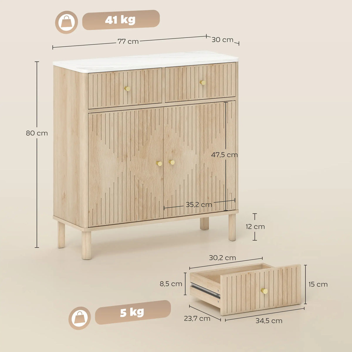 🪵 APARADOR MARBEL OAK – 2 PUERTAS Y 2 CAJONES EN ROBLE CON ENCIMERA EFECTO MÁRMOL