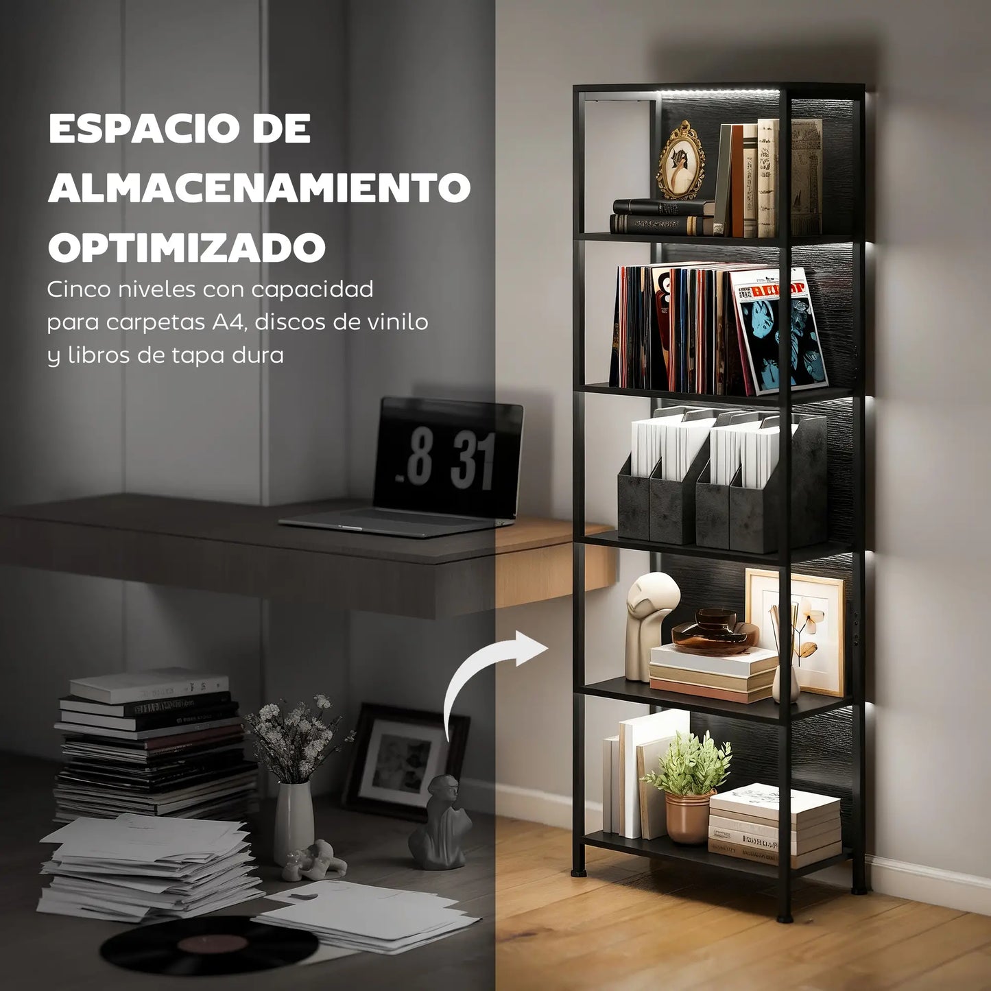 📚 Librería Industrial LUX LIGHT – 5 Estantes con Iluminación LED
