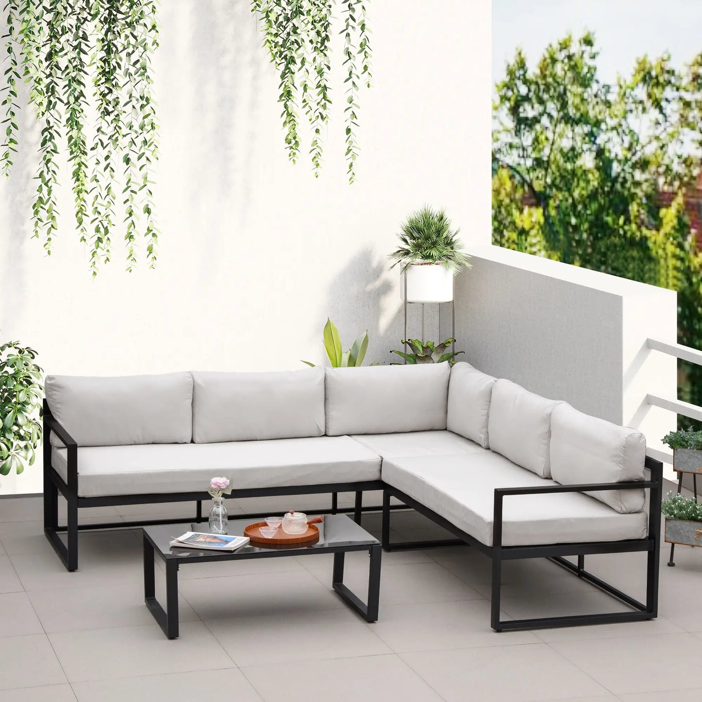 🌿 CONJUNTO DE JARDÍN 5 PLAZAS BARATO “LUXORIS” – SOFÁ EXTERIOR EN L + MESA