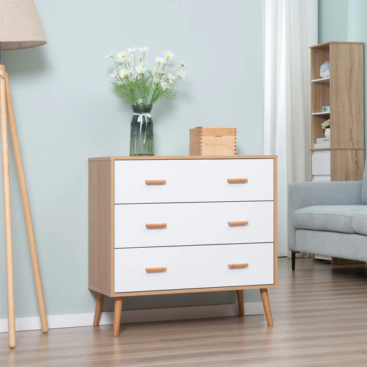 🤍 CÓMODA NORDIC NATURAL 3C – 3 CAJONES BLANCO Y MADERA NATURAL CON PATAS ELEVADAS