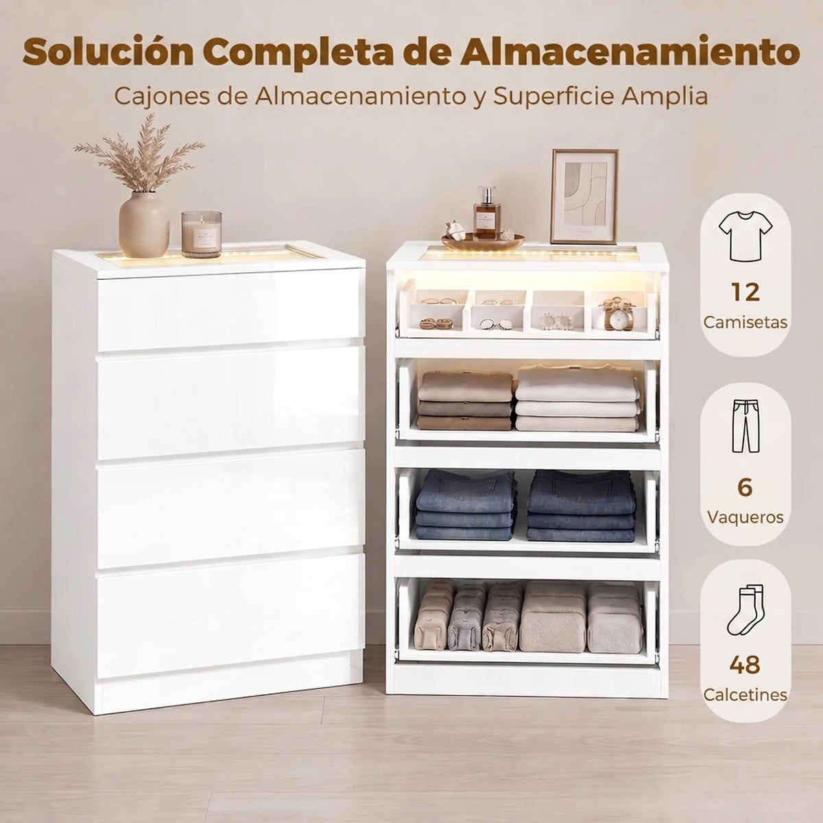 💎 CÓMODA JEWEL LED 4C – BLANCA CON JOYERO, ENCIMERA DE CRISTAL Y LED RGB
