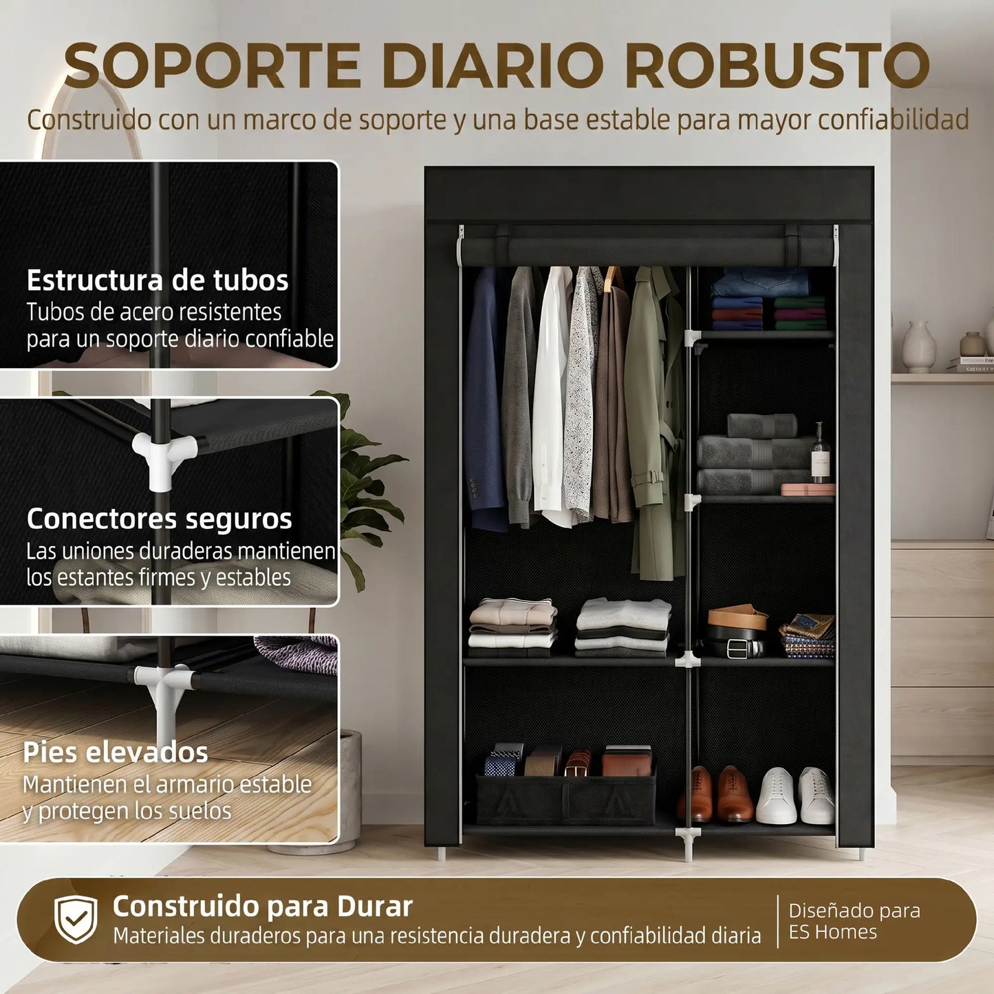 👕 ARMARIO DE TELA PLEGABLE 103 CM CON 6 ESTANTES Y BARRA PARA COLGAR – 5 COLORES