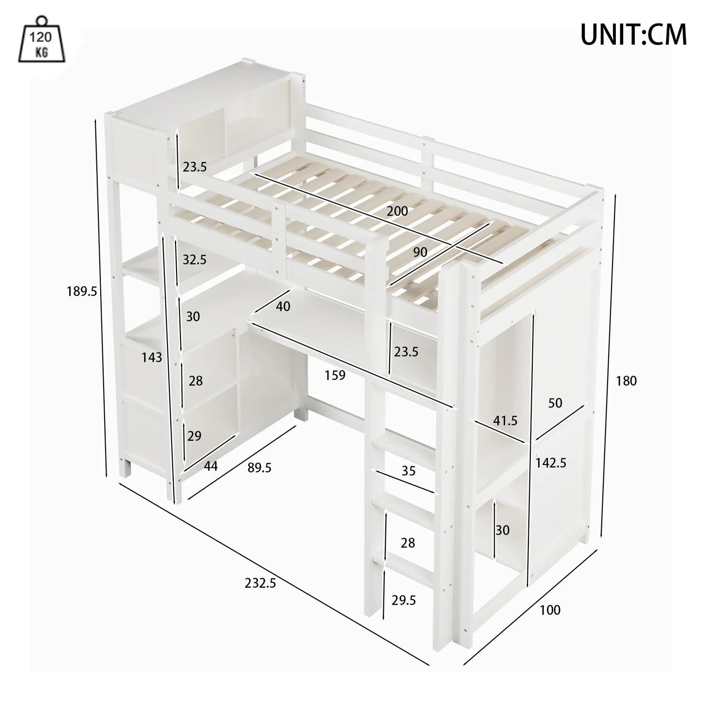 🛏️ CAMA ALTA INFANTIL 90x200 CM CON ESCRITORIO, ARMARIO Y ESTANTERÍAS – BLANCO O COLOR NATURAL