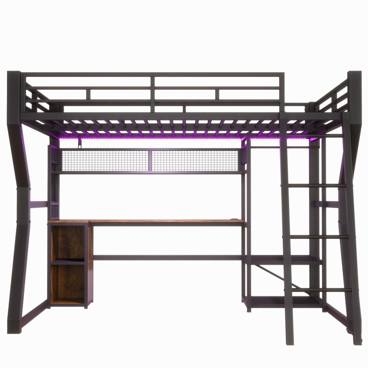 🛏️ CAMA ALTA 140x200 CM CON ESCRITORIO, LED, ENCHUFE Y ALMACENAMIENTO – NEGRO