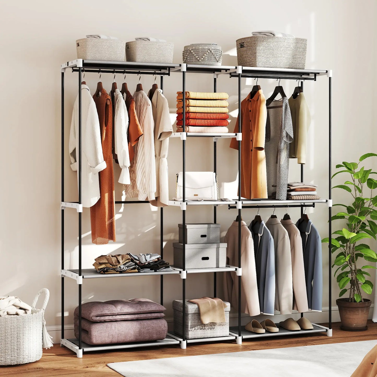 👕 ARMARIO ABIERTO PARA ROPA 182 CM CON 8 ESTANTES Y 3 BARRAS – GRIS CLARO