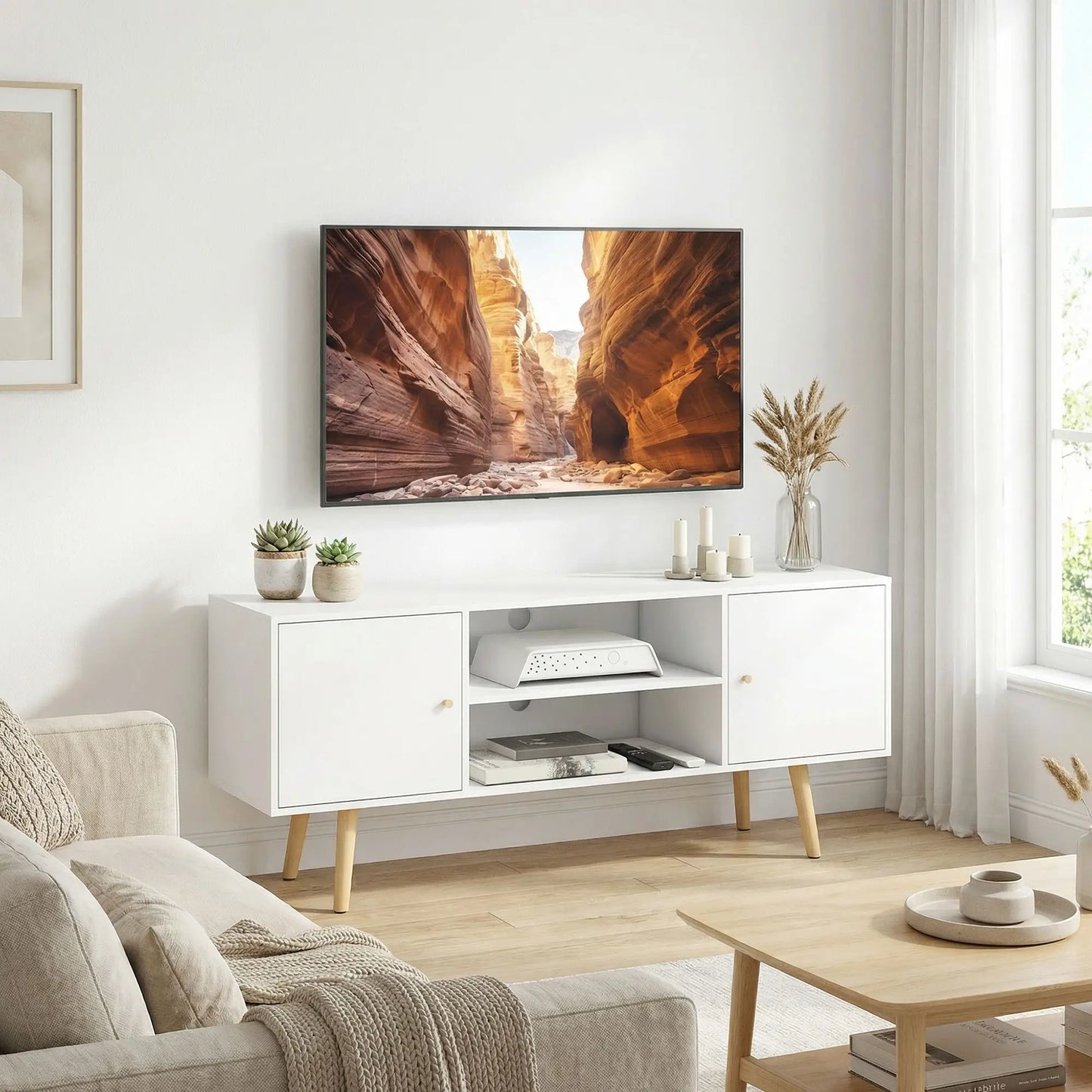 📺 MUEBLE TV “NORDIC 120” – 2 ARMARIOS + 2 ESTANTES · BLANCO Y MADERA · HASTA 55"
