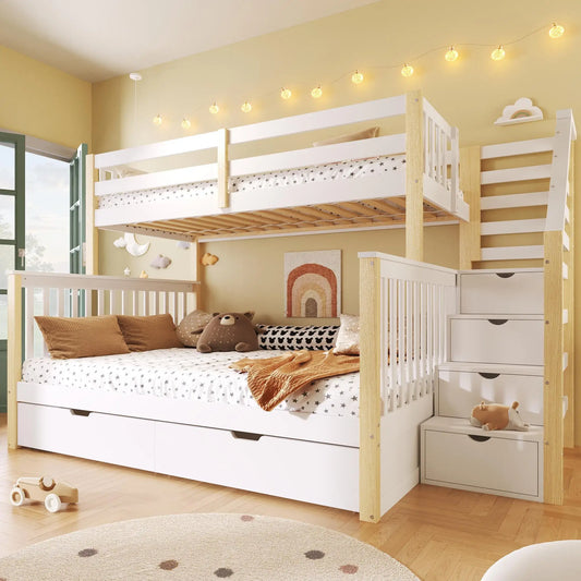 🛏️ LITERA FAMILIAR 90 × 200 + 140 × 200 CM CON ESCALERA, BARANDILLA Y ALMACENAMIENTO | BLANCO Y NATURAL | JAM MUEBLES