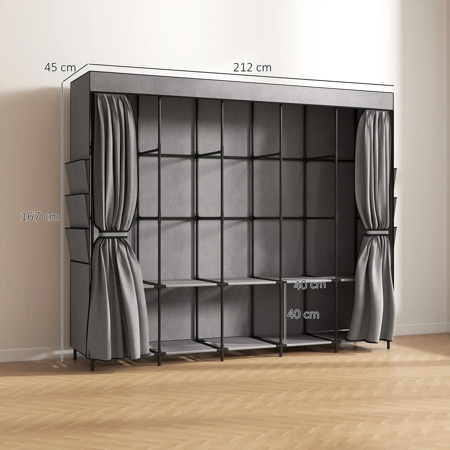 👕 ARMARIO DE TELA GRANDE 212 CM CON 5 BARRAS, 5 ESTANTES Y 6 BOLSILLOS – GRIS