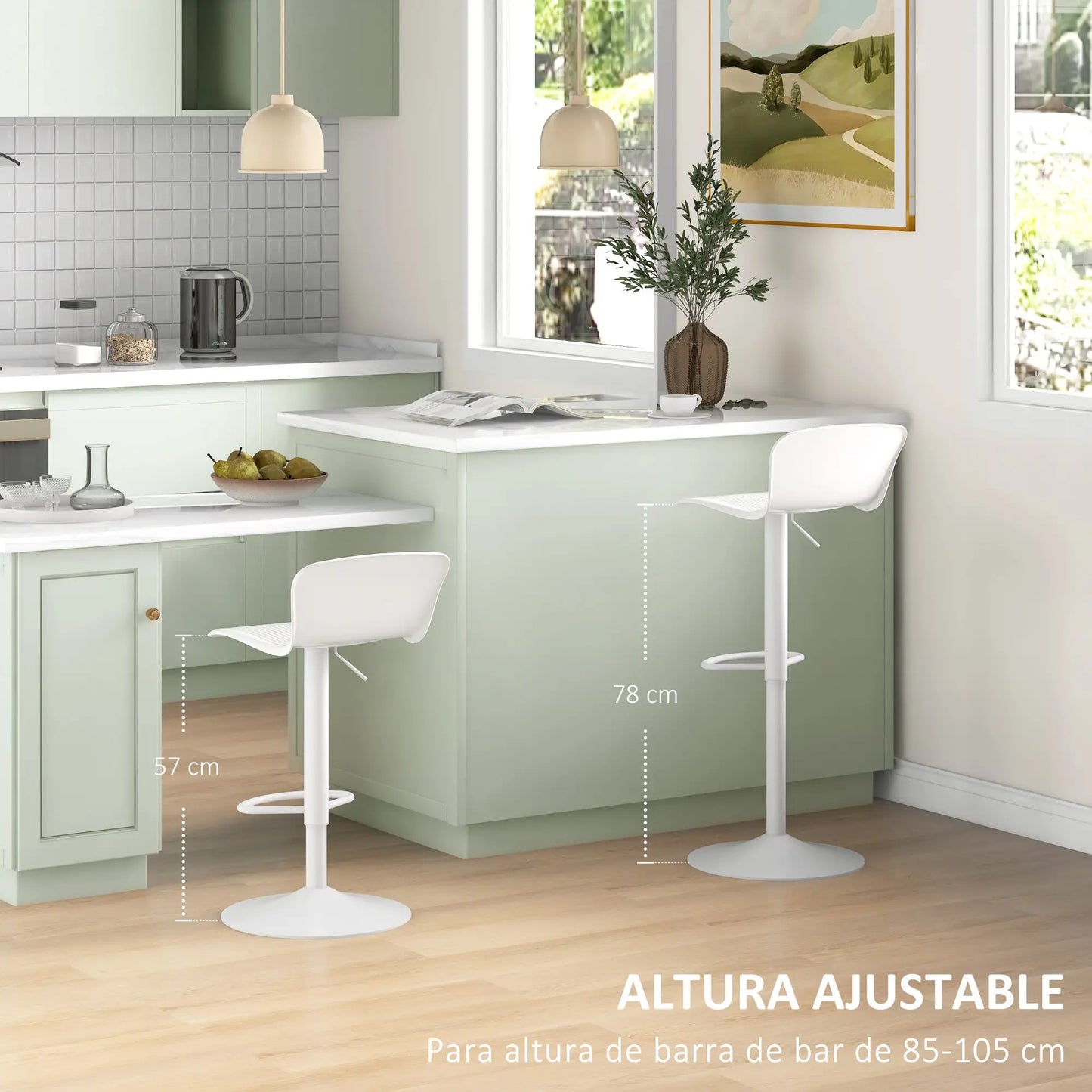 🪑 Conjunto de 2 Taburetes Altos de Cocina Giratorios y Regulables – Con Respaldo y Reposapiés en Blanco o Negro
